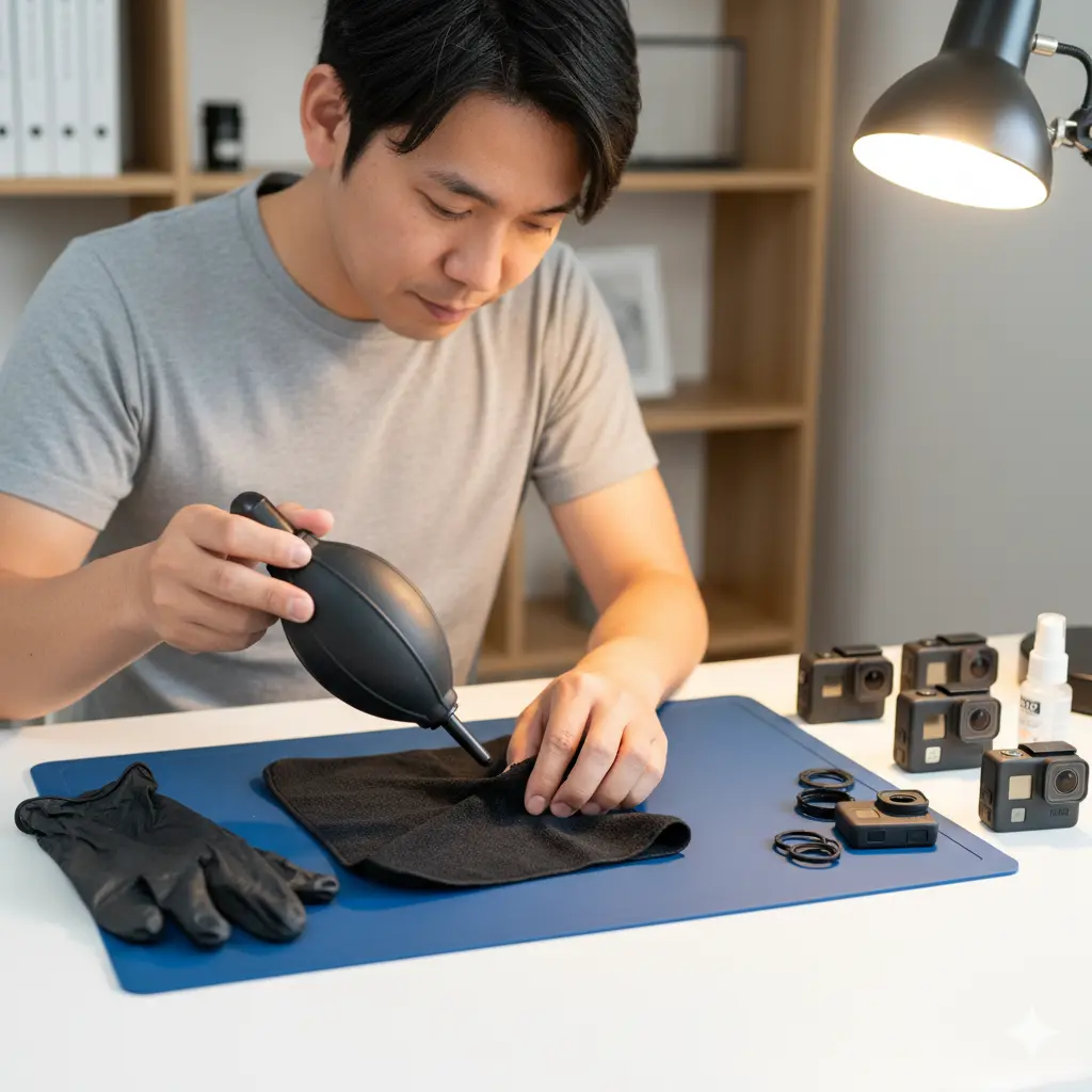 自宅の清潔な机の上でGoProのレンズカバーを取り外す準備をしているアジア人男性。彼はブロアーとマイクロファイバークロスを使用している。