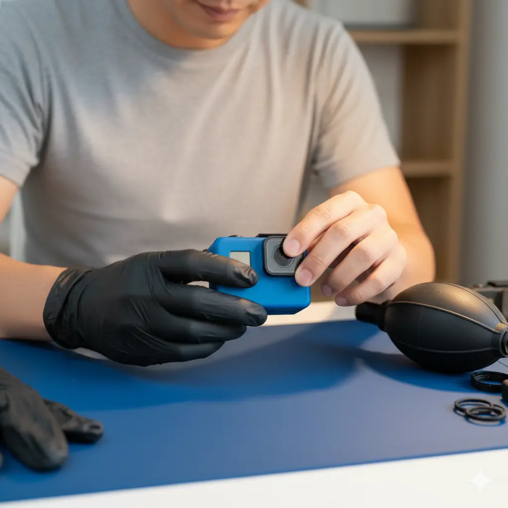 自宅の清潔な机の上でGoProのレンズカバーを外そうとしているアジア人男性。彼は青いシリコンケースに入ったGoProを持ち、黒い手袋を着用している。