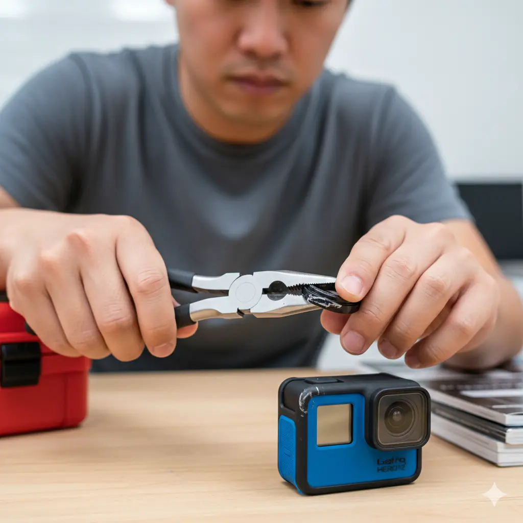  GoProのレンズカバーをプライヤーで無理に外そうとして破損させてしまったアジア人男性の手元。GoPro HERO12本体と赤色の工具箱が写っている。