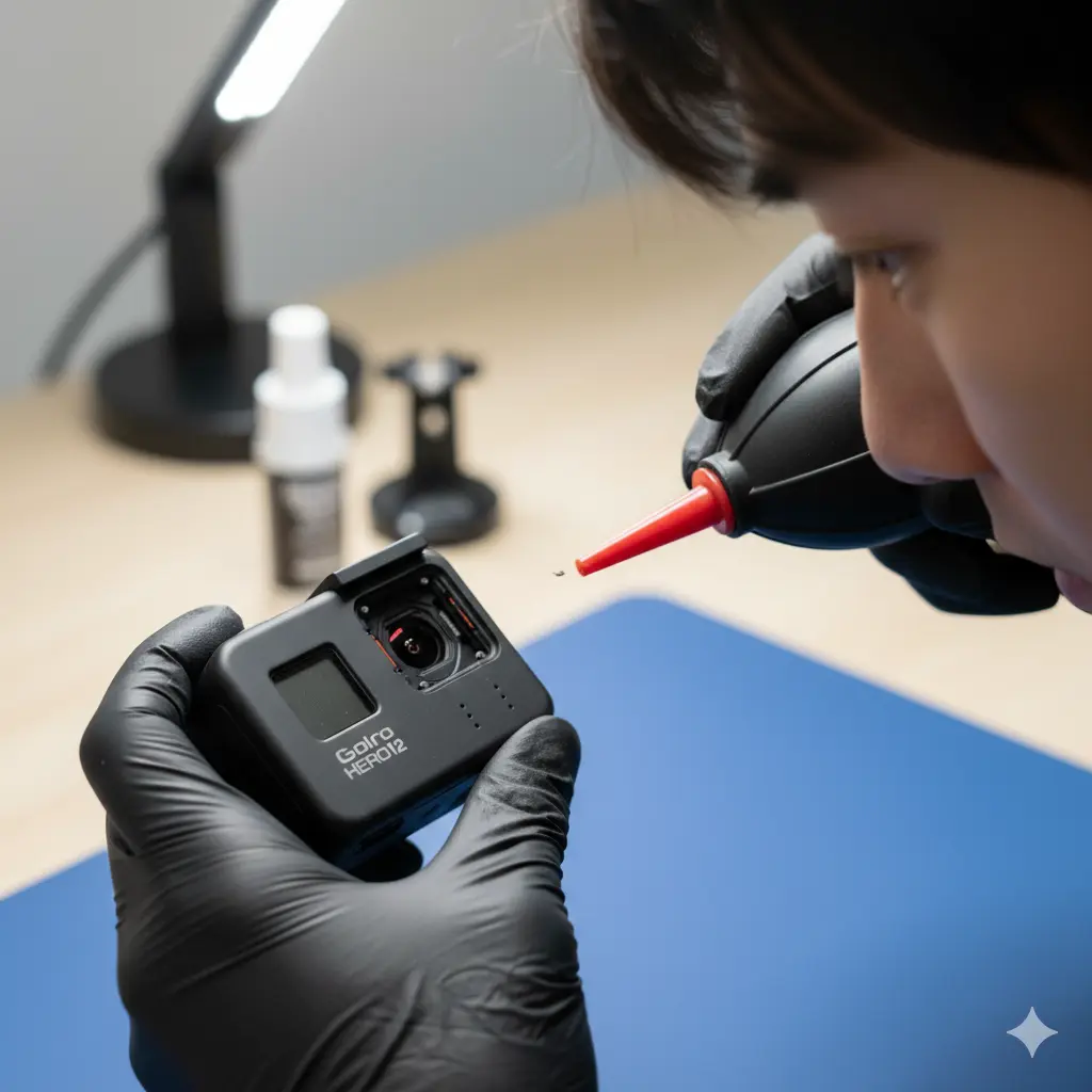 GoPro HERO12のレンズカバーを外した後の内部レンズに付着した小さなホコリをブロアーで吹き飛ばしているアジア人女性。彼女は黒い手袋を着用している。