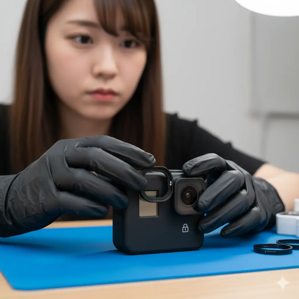 GoProのレンズカバーを慎重に取り付けているアジア人女性。彼女は黒い手袋を着用し、作業台の上には複数のレンズカバーが置かれている。