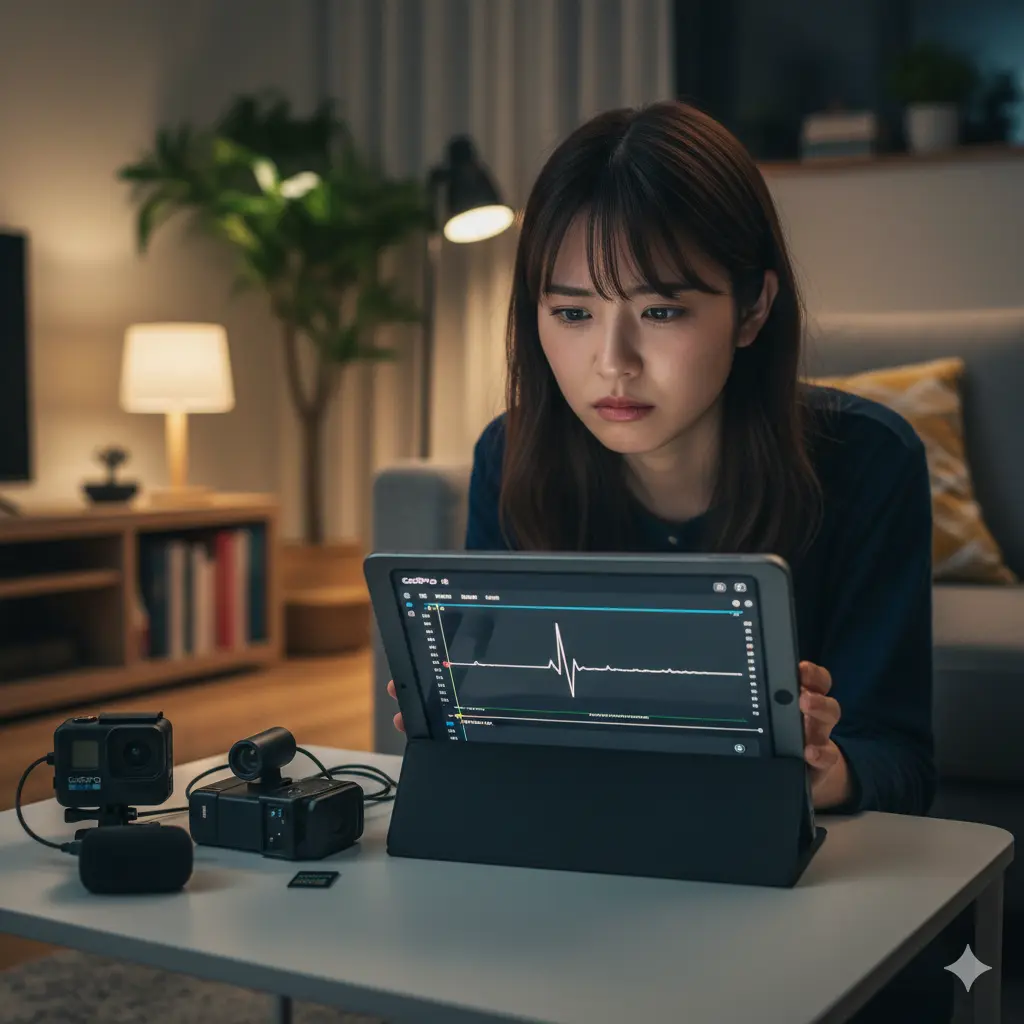 自宅でGoProで撮影した動画をタブレットで確認し、ノイズに困惑する日本人女性。テーブルにはGoPro本体、外部マイク、SDカードが置かれている。