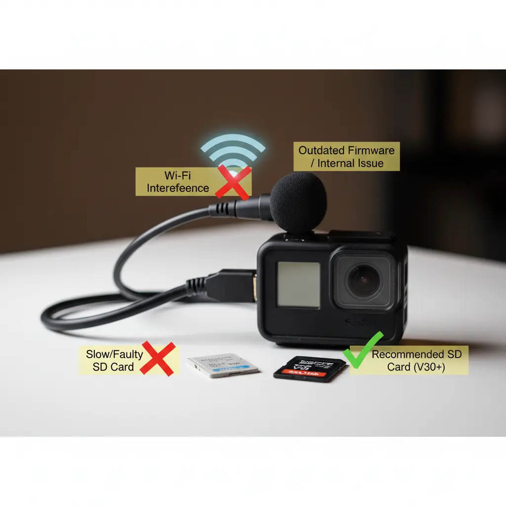 GoProと外部マイク、複数のSDカードが並べられており、Wi-Fi電波干渉、古いファームウェア、低速なSDカードがGoProの異音の原因であることを示す図。