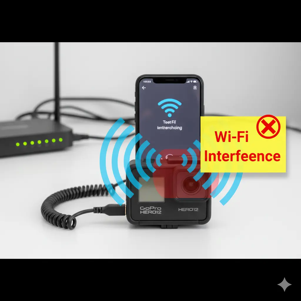 GoProがWi-Fiルーターと接続され、スマートフォンアプリを通じてWi-Fiの電波干渉が発生していることを示す図。赤色のWi-Fi干渉マークと電波の波紋が描かれている。