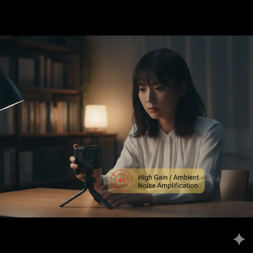 静かな夜の書斎でGoProを操作する日本人女性。音声ノイズが増幅される可能性を示す視覚的な警告が表示されている。