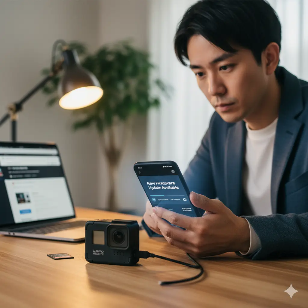 自宅のデスクでGoProのファームウェアをスマートフォンアプリでアップデートしている日本人男性。GoPro本体とSDカードも見える。