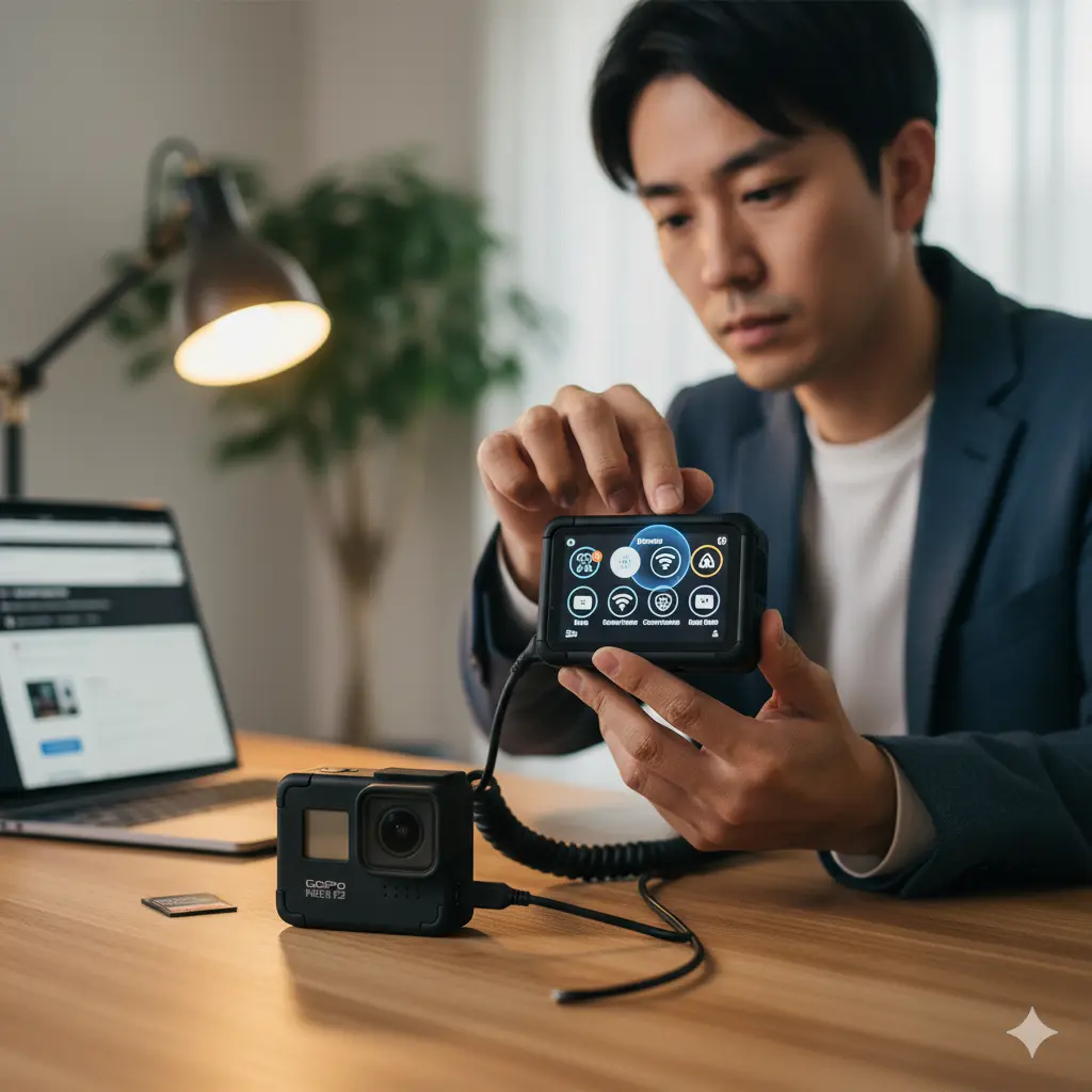 GoProの背面液晶を操作し、Wi-Fi設定をオフにしている日本人男性。カメラはデスクに置かれたGoPro本体と接続されている。