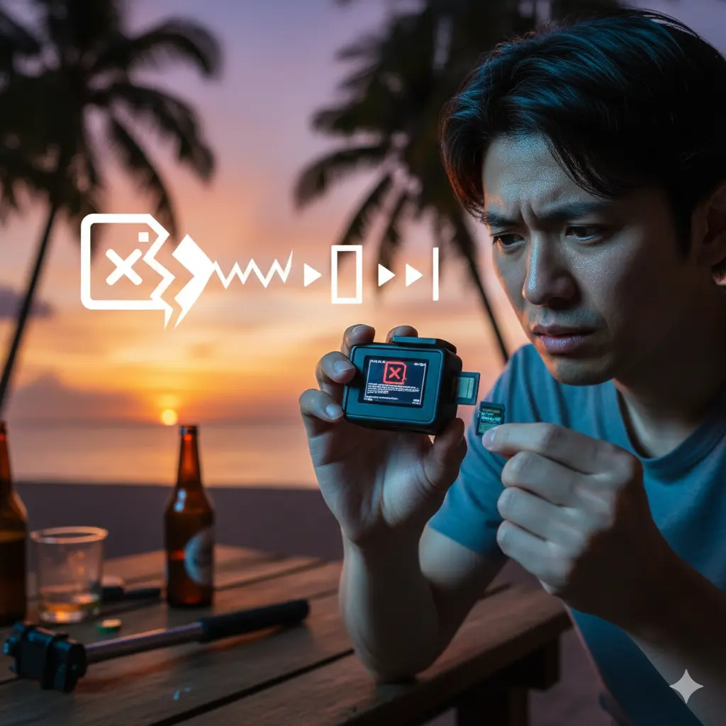 夕暮れのビーチでGoProのSDカードを手に困惑する日本人男性。GoProの画面にはエラーが表示され、その横には破損したファイルが修復され、再生可能になるプロセスを示すアイコンが描かれている。