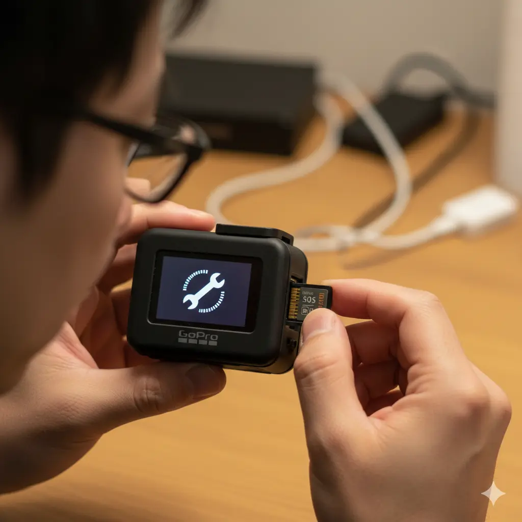 GoPro本体のSOS機能を使ってファイル修復を試みている日本人男性のクローズアップ。男性がGoProのSDカードスロットにSDカードを挿入している様子。GoProの液晶画面には「レンチ」のアイコンが表示されており、修復プロセスが進行中であることを示している。