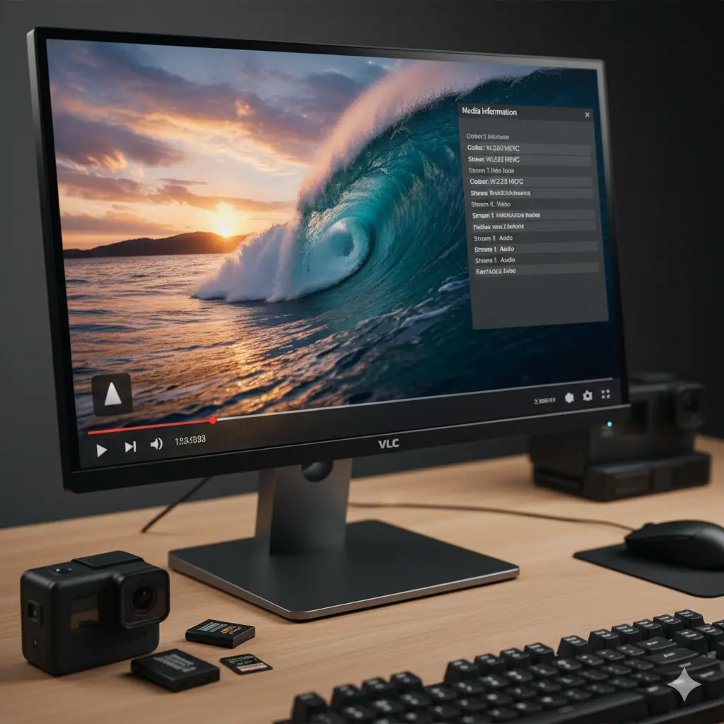デスク上のPCモニターにVLCメディアプレーヤーでGoProで撮影したような美しい波の映像が再生されている様子。プレーヤーのインターフェースにはVLCのロゴが表示され、メディア情報ウィンドウには様々なコーデック情報が表示されている。手前にはGoProカメラと複数のSDカードが置かれている。