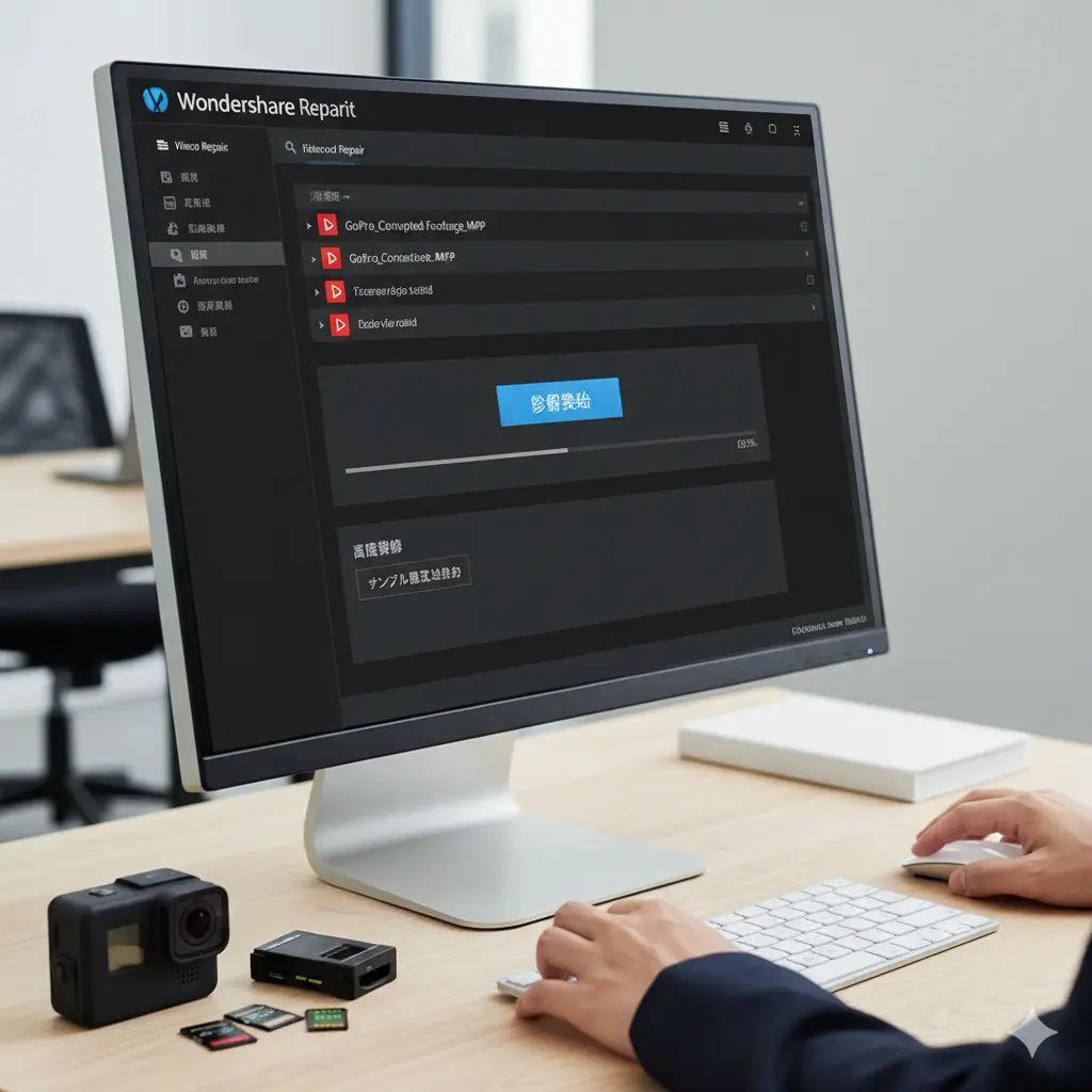 デスクに座り、Wondershare Repairitのような動画修復ソフトの画面が表示されたPCモニターとキーボード、マウスが写っている。モニターには破損したGoProファイルがリスト表示されており、「修復を開始」ボタンがハイライトされている。手前にはGoProカメラとSDカードが置かれている。