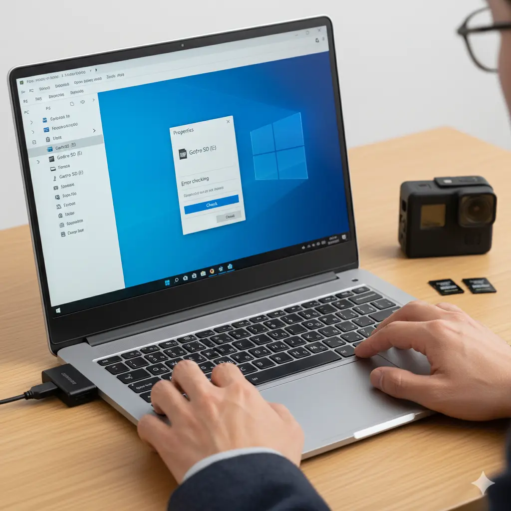 ノートパソコンでGoProのSDカードのエラーチェックを実行している日本人男性。Windowsのエクスプローラー画面が開いており、SDカードのプロパティウィンドウで「エラーチェック」のダイアログが表示され「チェック」ボタンが押せる状態になっている。SDカードリーダーとGoProカメラ、SDカードがデスク上に置かれている。