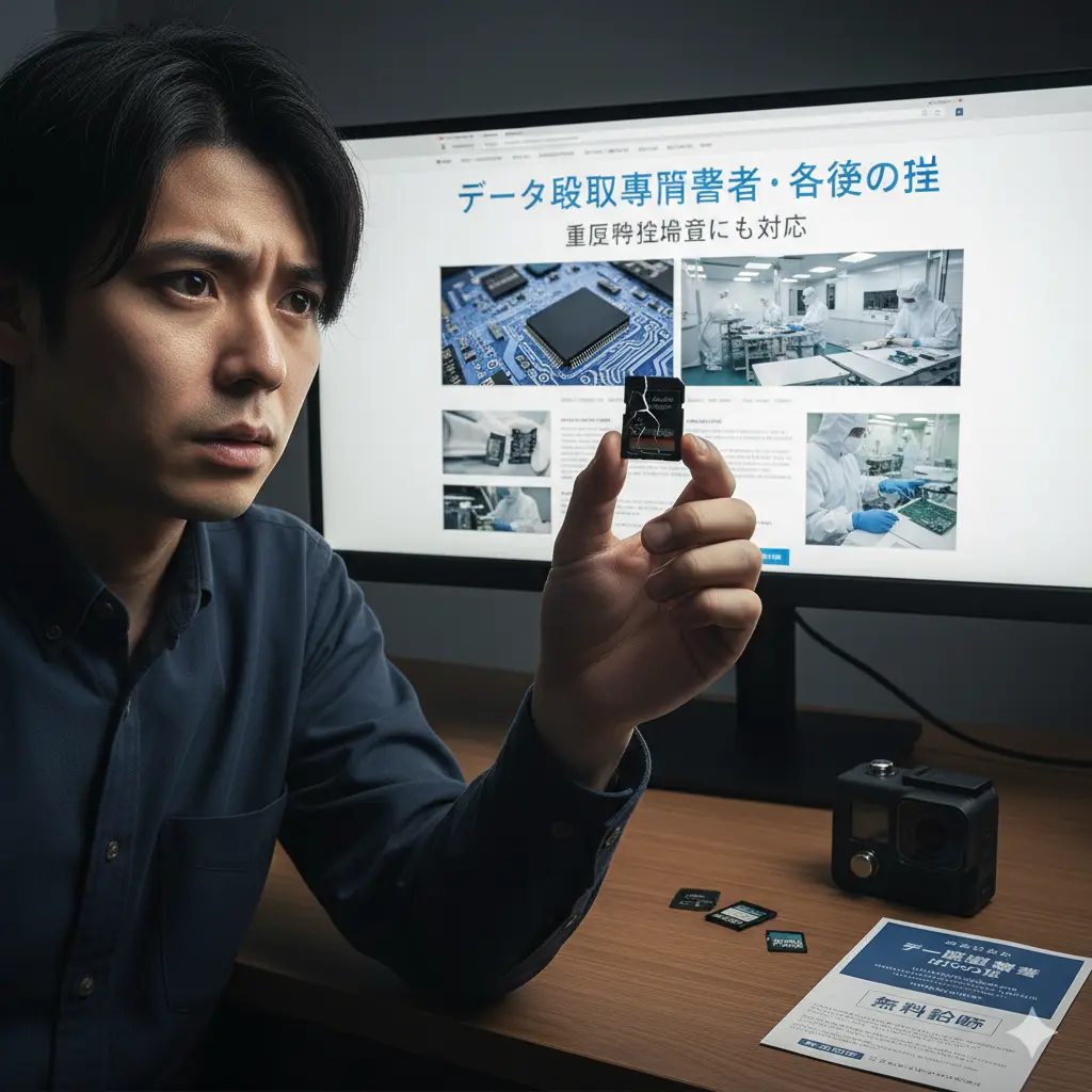 破損したSDカードを手に持ち、困り果てた表情でPCモニターを見つめる日本人男性。モニターには「データ復旧専門業者・最後の砦」という見出しのウェブサイトが表示されており、クリーンルームでの作業風景や基板の画像が掲載されている。デスク上にはGoProカメラと「無料診断」と書かれたデータ復旧業者のチラシが見える。