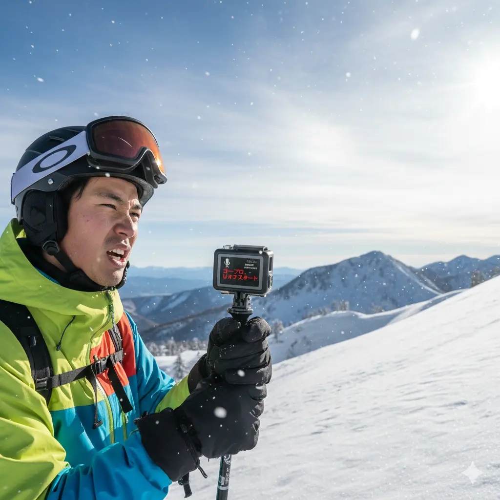 雪山の斜面でGoProに向かって話しかけているスキーヤーの日本人男性。GoProの画面には「オフスタート」と表示されているが、困惑した表情を浮かべている。背景には雪に覆われた山々と青空が広がり、太陽が輝いている。