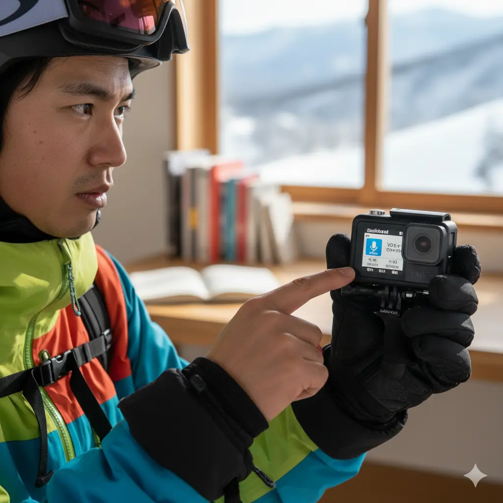スキーウェアを着た日本人男性がGoProの液晶画面を指でタップし、音声コントロールの設定を確認している。画面には人の顔のようなアイコンが表示されており、設定メニューが見える。背景には窓から見える雪景色と室内がぼんやりと映っている。