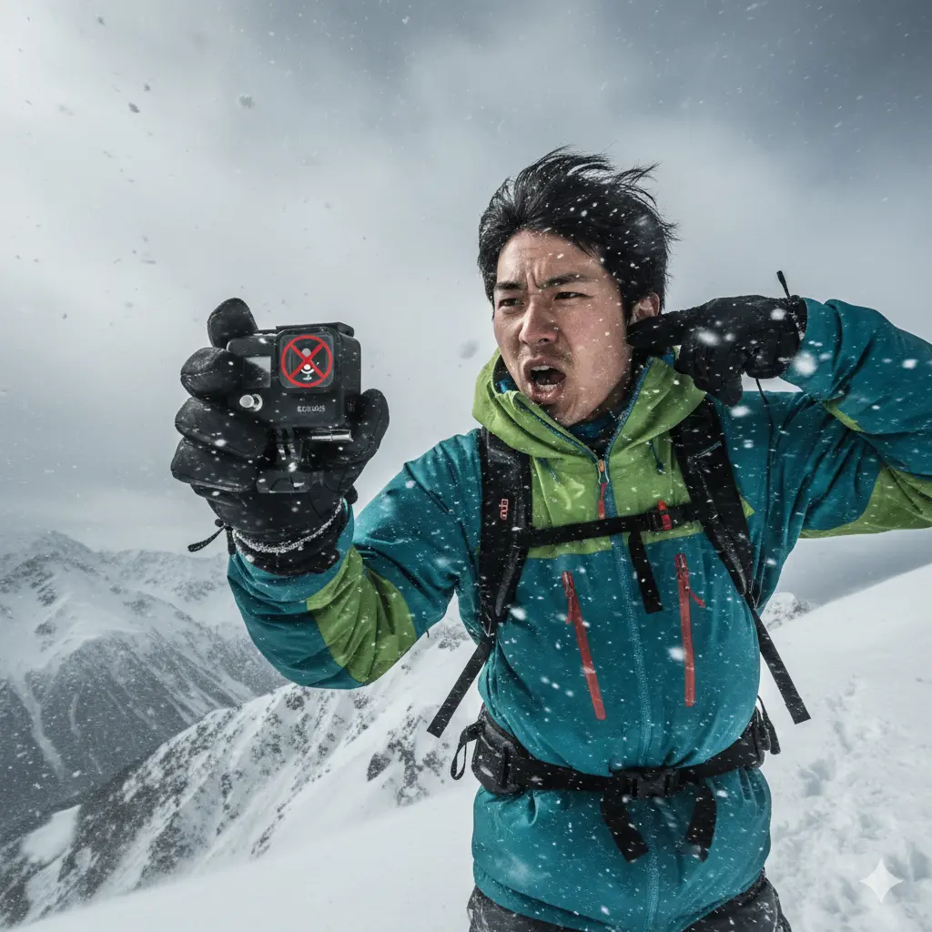 雪と強風が吹き荒れる雪山で、GoProに向かって大声を出している日本人男性。GoProの画面には音声認識ができないことを示すバツマークが表示されている。男性は耳に手を当てており、周囲の騒音が大きいことが示唆されている。