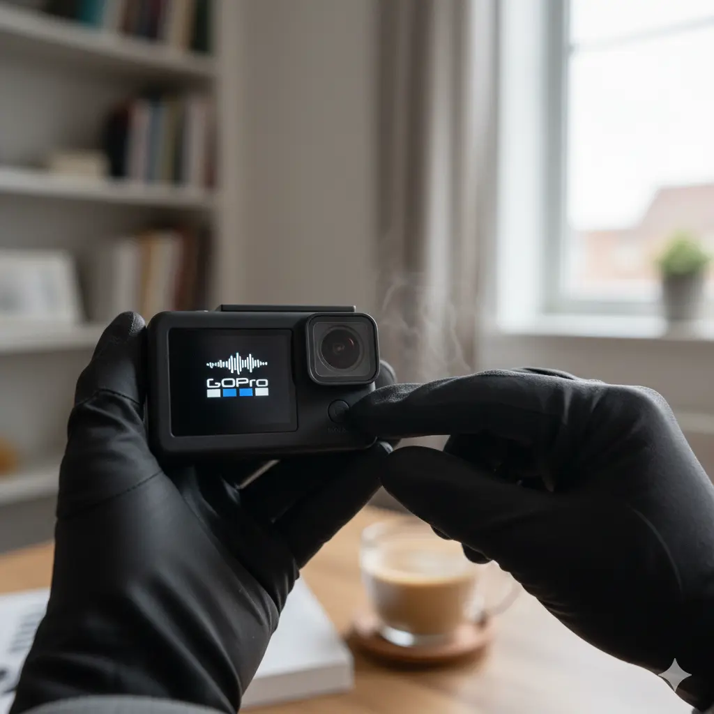 黒い手袋をはめた手がGoProのモードボタンを長押しして再起動している様子。GoProの画面にはGoProのロゴと音声の波形が表示されている。背景には自宅の室内で、コーヒーカップや本棚、窓が見える。