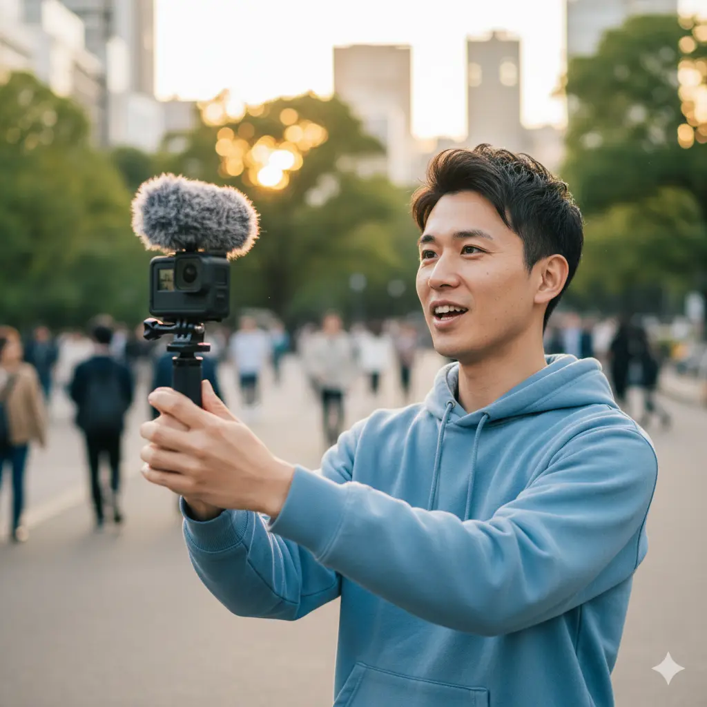 GoProメディアモジュラーを装着してVlog撮影をするアジア人男性。屋外で話し、音声のこもりや音質の問題に直面している様子。