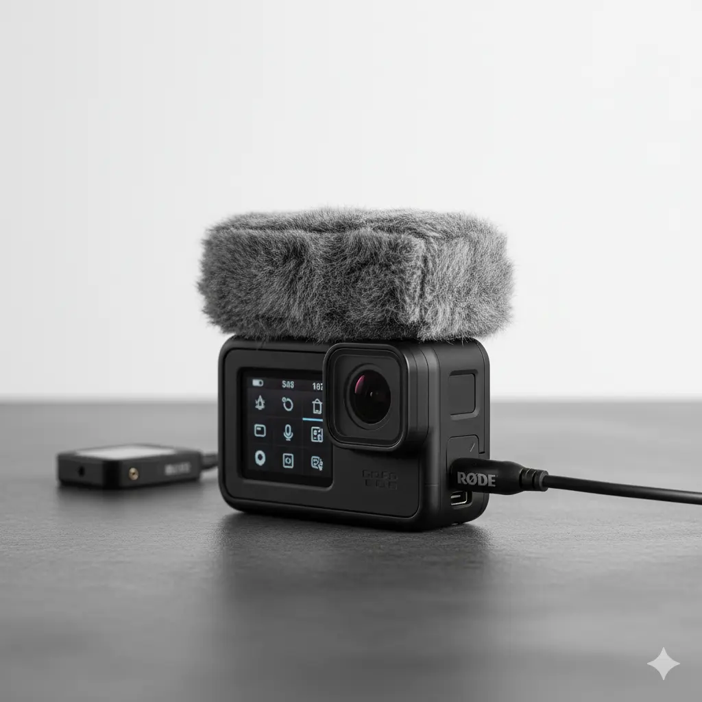 GoProにメディアモジュラーと外部マイクが接続され、音質問題の解決策としての外部マイクの活用を示唆する画像。
