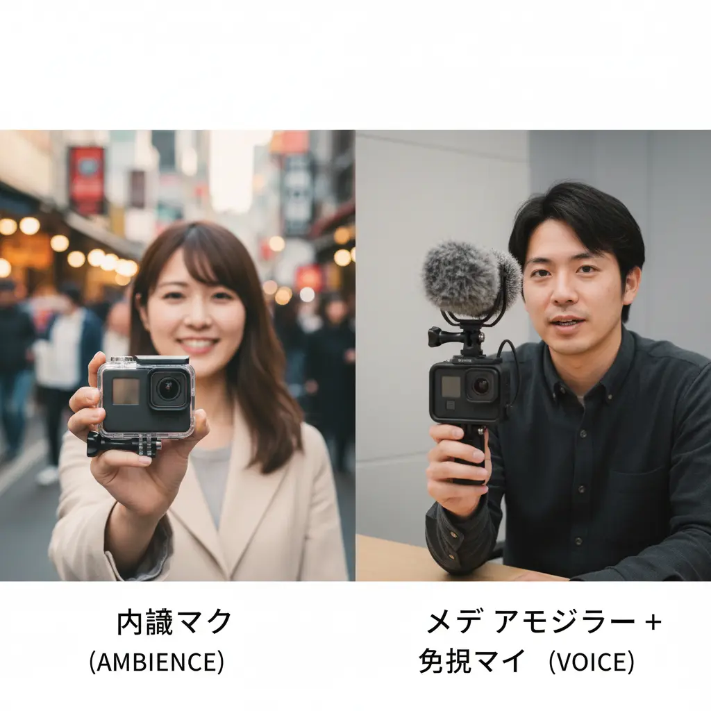 GoPro本体の内蔵マイクとメディアモジュラー装着時の音質比較を示す写真。内蔵マイクは周囲の音、メディアモジュラーは話者の声を強調するイメージ。
