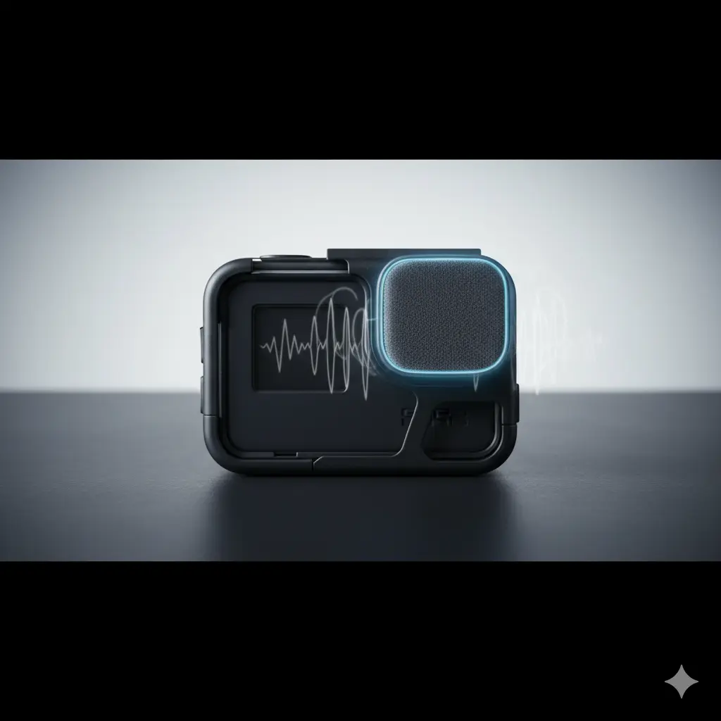 GoProメディアモジュラーの内部構造とマイク部分をクローズアップし、音がこもる物理的理由(密閉性や反響)を視覚的に表現するイラスト。