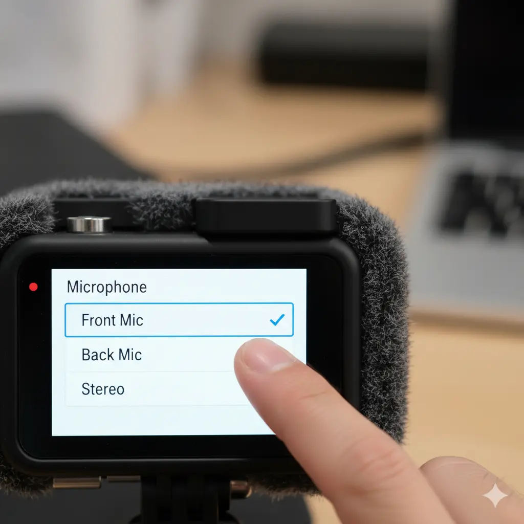 GoProメディアモジュラーを装着したGoProの液晶画面に表示されたマイク設定メニュー。「前面マイク」が選択されている状態。