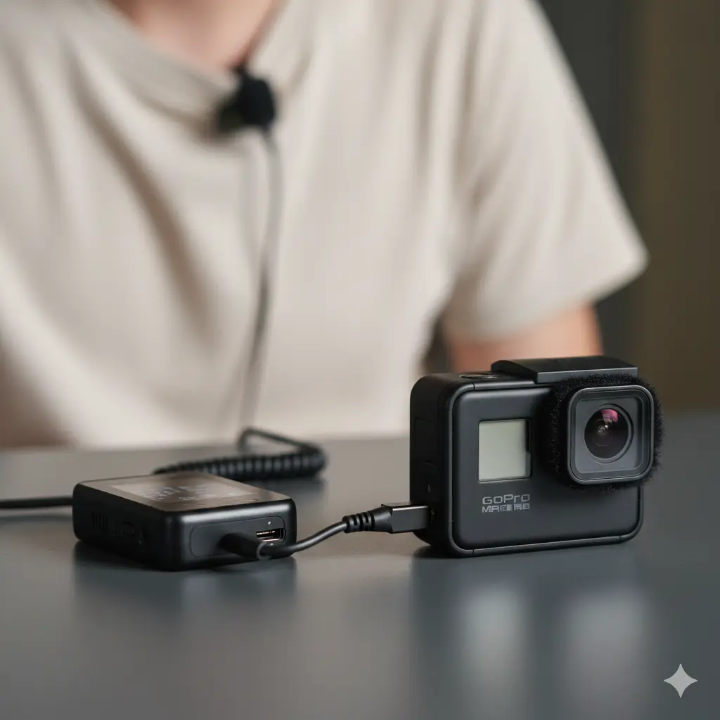 GoProメディアモジュラーにワイヤレスピンマイクの受信機が接続され、装着者がピンマイクを付けている様子。外部マイクによる音質改善を示唆。