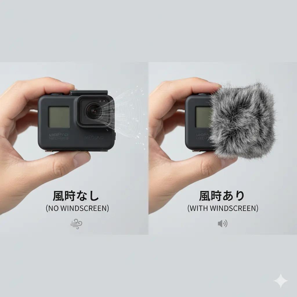 GoProメディアモジュラーに風防が装着されている状態と、装着されていない状態を比較。風防が風切り音を軽減する効果を視覚的に表現。