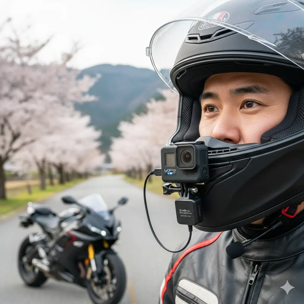 桜並木の道を背景に、GoProと外部マイクをヘルメットに装着してバイク撮影をする日本人男性のライダー。マイクアダプターが認識しない問題解決を想起させる。