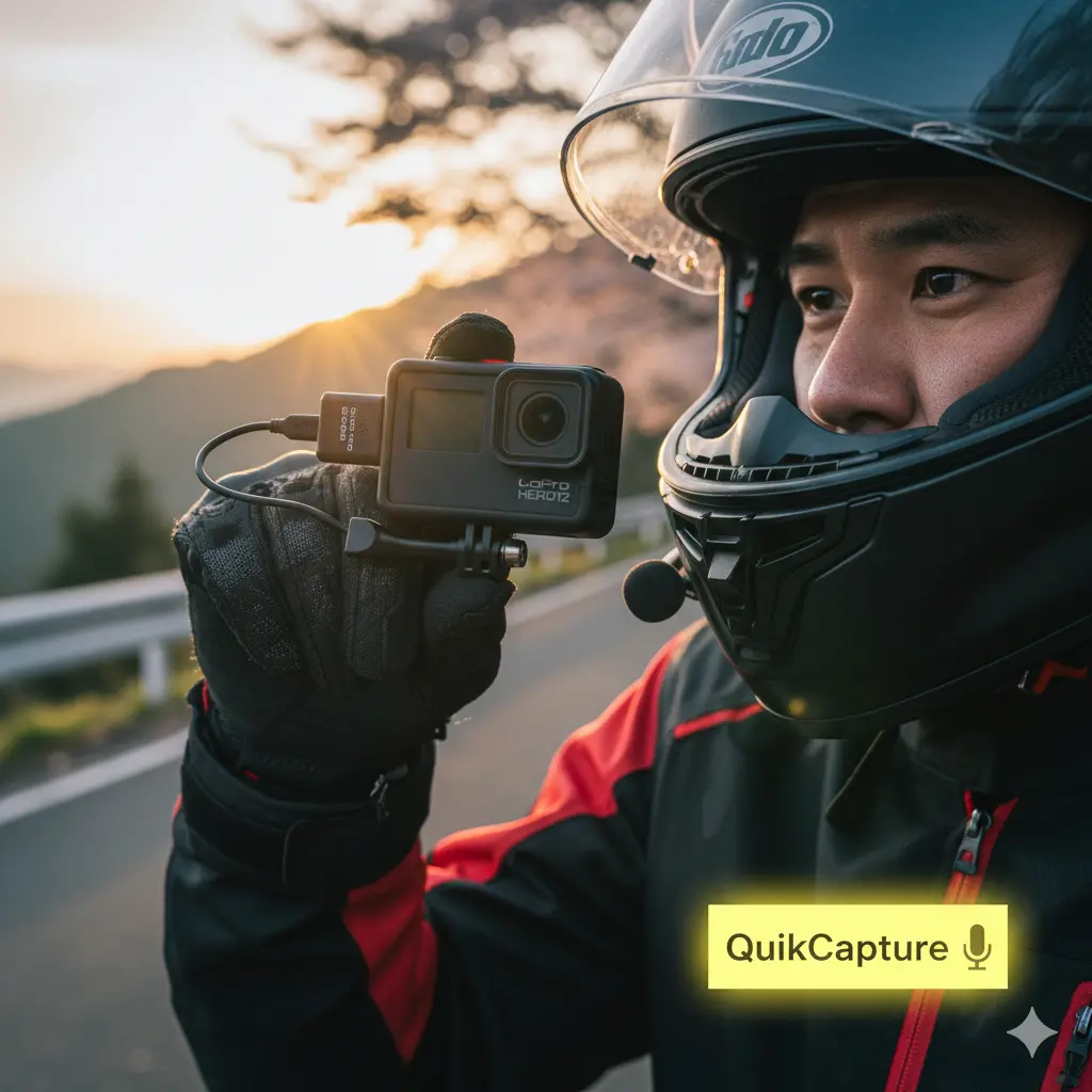 GoProと外部マイクをヘルメットに装着し、バイクの横で夕日を背景に撮影準備をする日本人男性ライダー。QuikCapture使用時の注意点を表現。