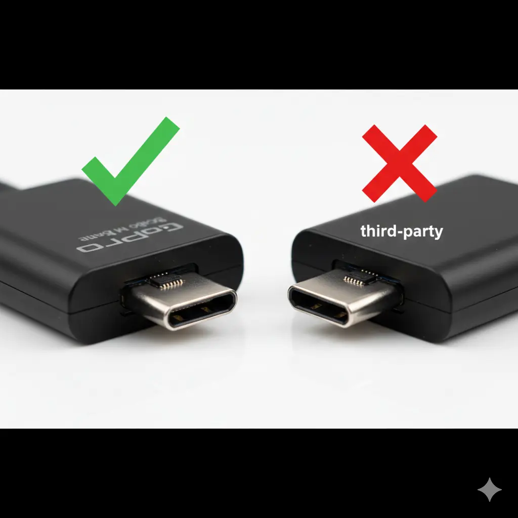 GoPro純正品と非純正品のUSB-Cマイクアダプターの比較。純正品には緑のチェックマーク、非純正品には赤のバツマークが表示されており、純正品の重要性を視覚的に示す。