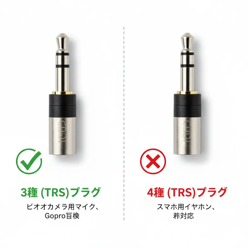 3極（TRS）と4極（TRRS）の3.5mmマイクプラグの比較。それぞれのプラグの絶縁リングの数が明確に示され、GoProとの互換性をアイコンで表現。