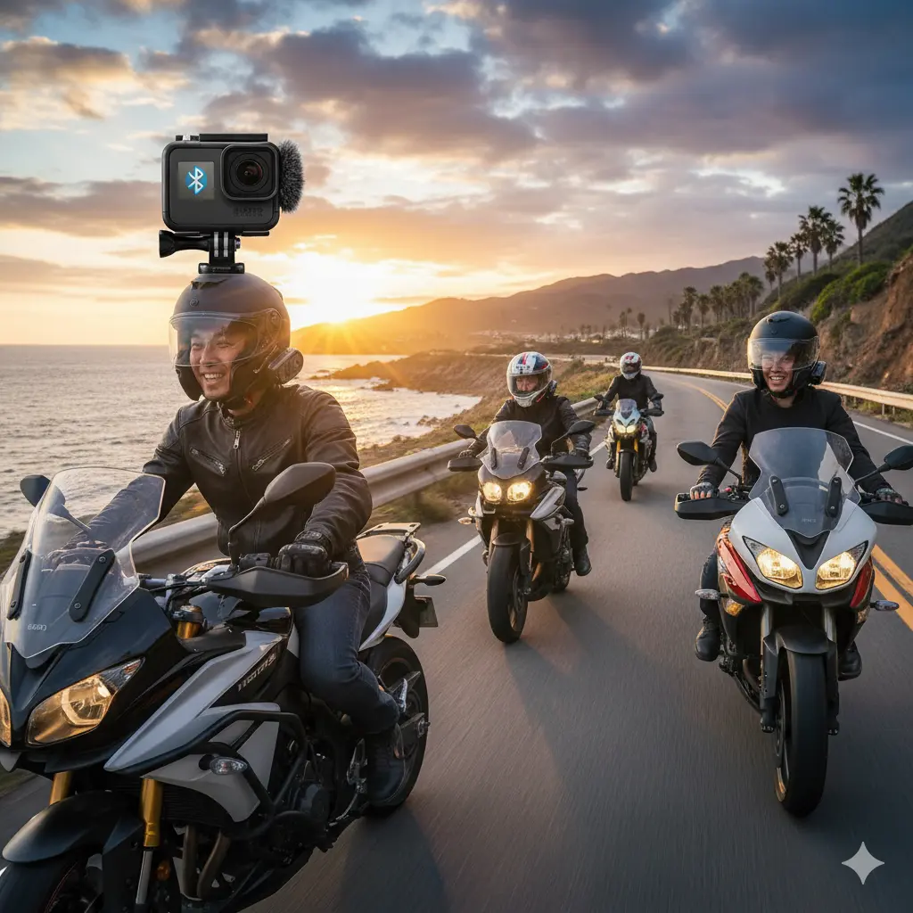 夕焼けの海岸線をバイクでツーリングするグループの様子。一人のライダーのヘルメットにはGoProが取り付けられ、インカムとBluetoothで無線接続されている。
