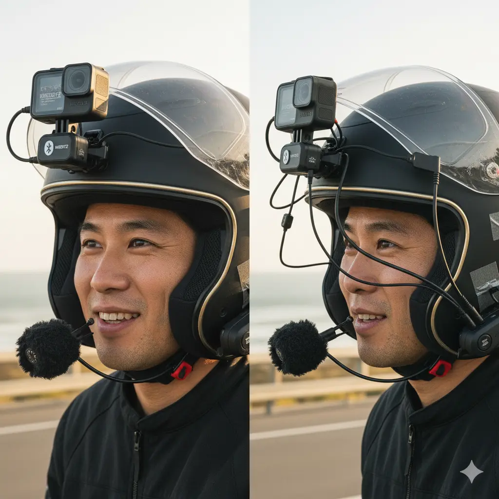 バイク用ヘルメットにGoProとマイクシステムが取り付けられている様子の比較画像。左はシンプルな有線接続、右はダブルマイク方式の複雑な配線を示しており、それぞれのアプローチの違いがわかる。