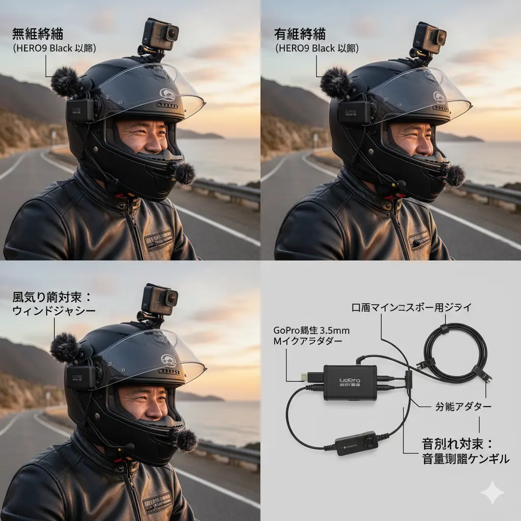 GoProとインカム音声録音に必要なアクセサリーの図。メディアモッドとプロ3.5mmマイクアダプターを使ったヘルメットへの取り付け例、ウィンドジャマー、音量調整ケーブル、分配アダプターなどの主要な機材が示されている。