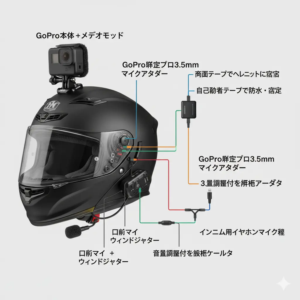 GoProとインカムを有線接続する際の配線図。ヘルメットに装着されたGoPro、メディアモッド、プロ3.5mmマイクアダプター、口元マイク、インカム用イヤホンマイクケーブル、分配アダプタ、音量調整ケーブルが視覚的に接続方法を示している。