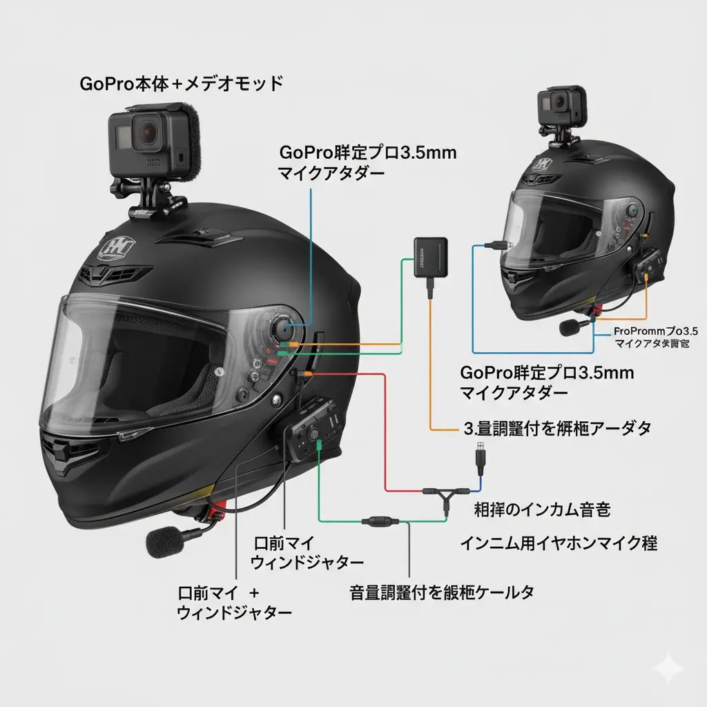 自分の声とインカムの音声を両方録音するためのダブルマイク方式の配線図。ヘルメットとGoPro、複数のマイク、分配アダプター、音量調整ケーブルが複雑に接続されている様子が描かれている。