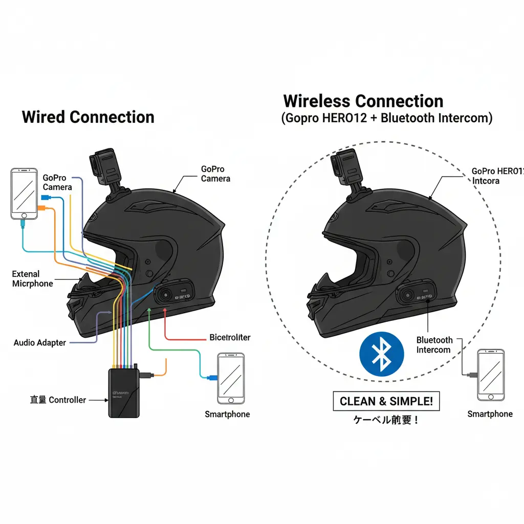 GoProとインカムの有線接続と無線接続(Bluetooth)を比較した図。左側は多くのケーブルを使用した複雑な有線接続、右側はケーブル不要でシンプルな無線接続の利点を示している。