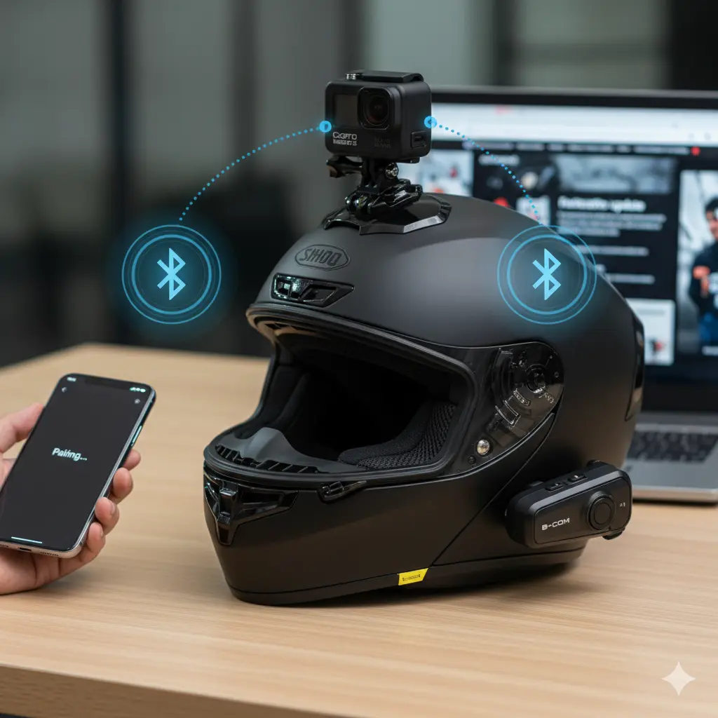 バイク用ヘルメットに装着されたGoProとB+COMインカムが、スマートフォンを介してBluetoothペアリングされている様子。点線の円とBluetoothアイコンで無線接続が表現されている。